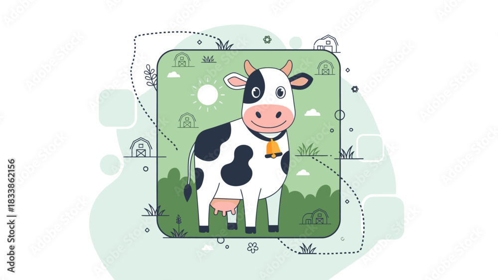 Fototapeta premium Cartoon illustration of a happy black and white cow with a bell, standing in a green field.