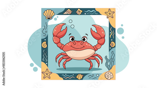 Cartoon crab with large claws, smiling, inside a decorative square frame with ocean elements.