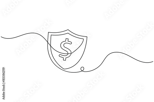 Continuous line drawing of financial protection shield with dollar.