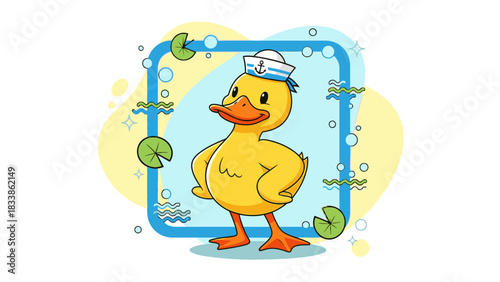 A cheerful cartoon duck wearing a sailor hat, posing confidently with water elements.
