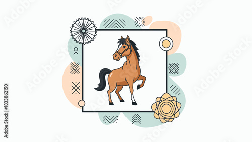 Cartoon horse stands proudly within a decorative square, surrounded by abstract shapes.