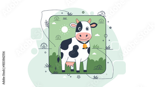 Cartoon illustration of a happy black and white cow with a bell, standing in a green field.