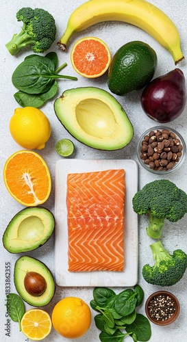 Vibrant assortment of fresh, wholesome foodstuffs representing essential vitamins and minerals for balanced nutrition and well-being ,spectrum ,grain ,vitamins