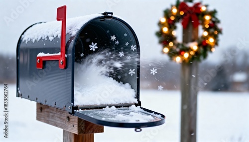Christmas mailbox covered in snow with wreath in winter landscape  