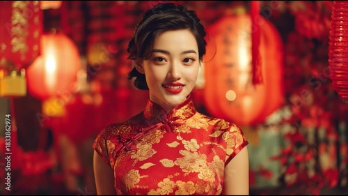 A young woman dressed in a traditional red cheongsam, surrounded by vibrant decorations representing cultural heritage.