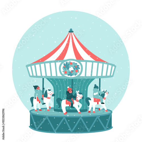 Postcard with happy children riding a carousel with horses. Carousel with a rotating mechanism. Happy holidays. Flat vector illustration.