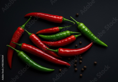 Vibrant assortment of red and green chilli peppers neatly arranged, ready for culinary use in spicy dishes or sauces ,nutrition ,delicious ,green