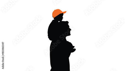 Silhouette of a father carrying his child on his shoulders the boy is wearing an orange hat isolated on white