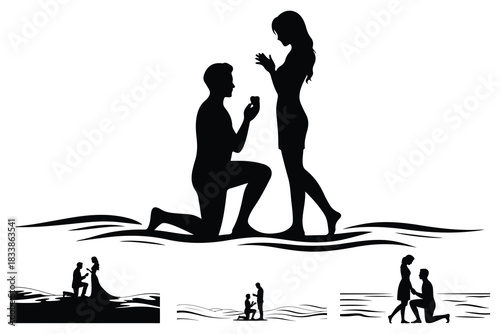 Couple proposal silhouettes on water waves woman