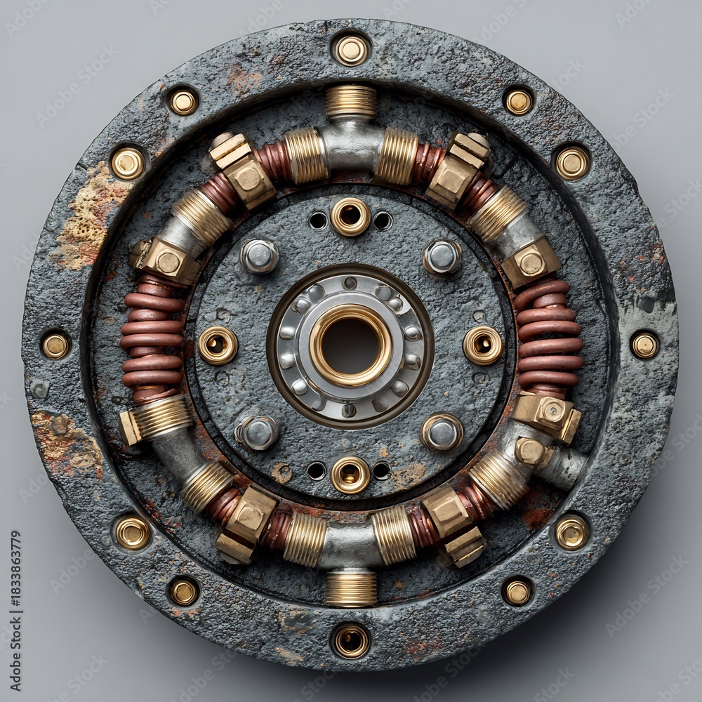 Fototapeta premium Intricate Industrial Clutch Plate Mechanism with Rusty Metal and Brass Pipes, featuring detailed springs and bolts, showcasing steampunk aesthetic and textures.