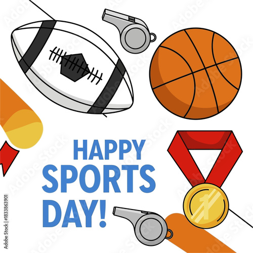 Happy Sports Day with various sports equipment and medal.