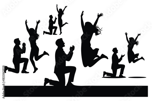 Black silhouettes of couples celebrating and proposing