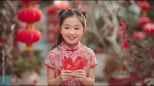 A young girl in traditional clothing smiles while holding red envelopes, celebrating cultural festivities in a vibrant setting.