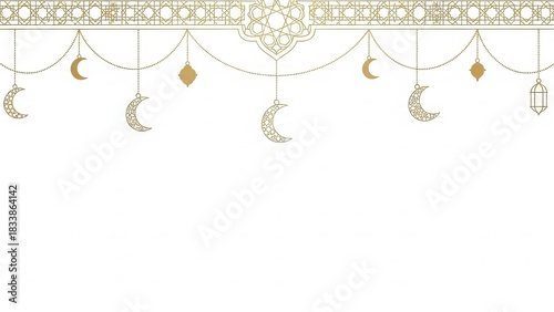 Ornate islamic design with crescent moons and geometric patterns on white space