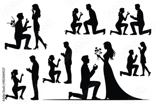 Multiple couple silhouettes proposing marriage and offering flowers