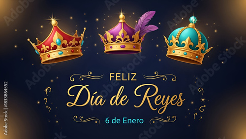 Epiphany festive dia de reyes royalty crown art for three kings day holiday with bright golden glow on dark background showing traditional culture symbol for january celebration and seasonal greeting 