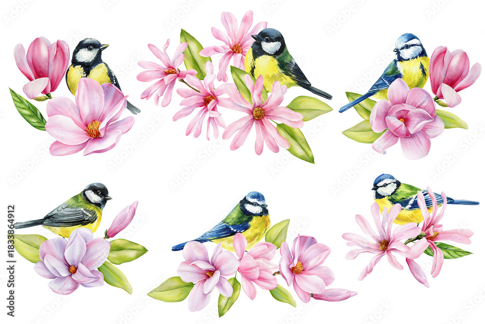 Obraz premium Watercolor spring birds with pink magnolia flowers and green leaves delicate floral songbird illustrations set