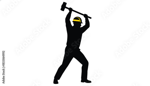 Silhouette of a construction worker swinging a sledgehammer illustration of manual labor isolated on white background
