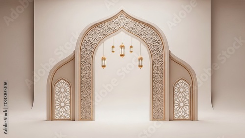 Ornate archway with hanging lanterns and geometric patterns in a studio setting