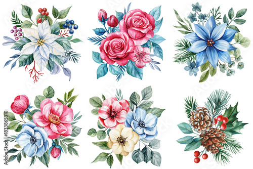 Watercolor floral bouquets with roses poinsettias anemones berries and pine leaves for elegant botanical winter and spring decor