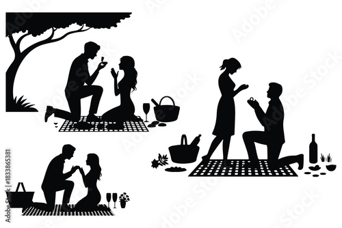 Couple proposing marriage during picnic with wine and flowers