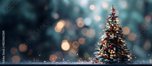 Christmas tree decorated with lights on a blurred background of lights, copy space