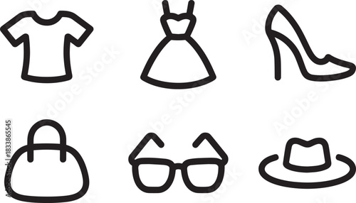 Women fashion clothing accessories line icons t shirt dress handbag glasses hat high heels vector set