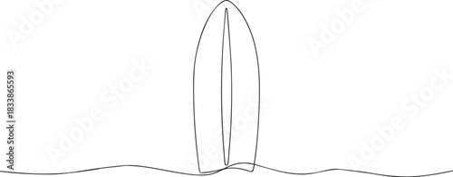 Single line drawing of a surfboard on waves ocean water