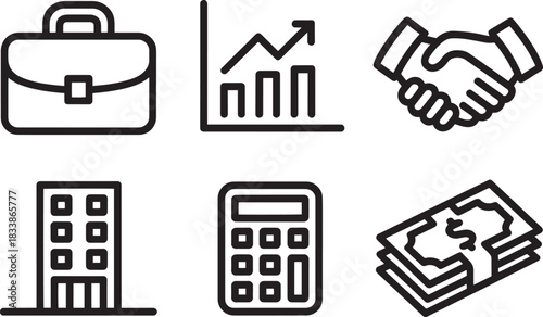 Business finance and office icons set featuring briefcase chart handshake building calculator money