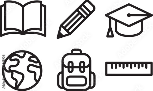 Education and learning symbols open book pencil graduation cap globe backpack and ruler line icons