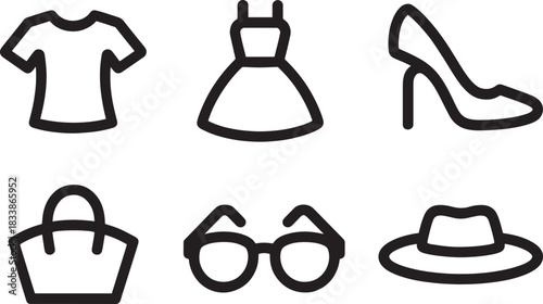 Fashion clothing and accessories icons t shirt dress high heel shoes bag glasses hat outline symbols set