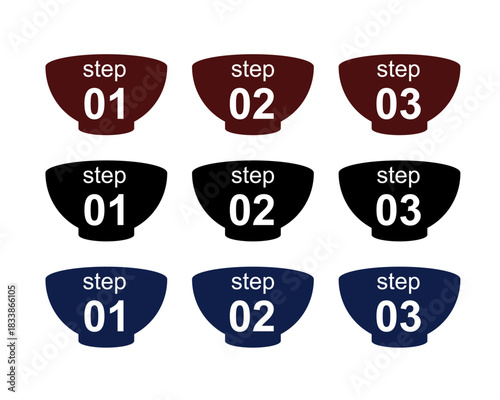 番号入りのお椀シルエットアイコンセット（step 01・02・03）。赤・黒・紺の3色展開で手順やプロセス説明、インフォグラフィックに使いやすいシンプルなベクターイラスト素材