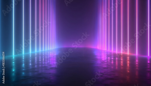 Vibrant vertical neon light tubes creating a futuristic tunnel effect with reflections on a wet floor surface in a dark environment