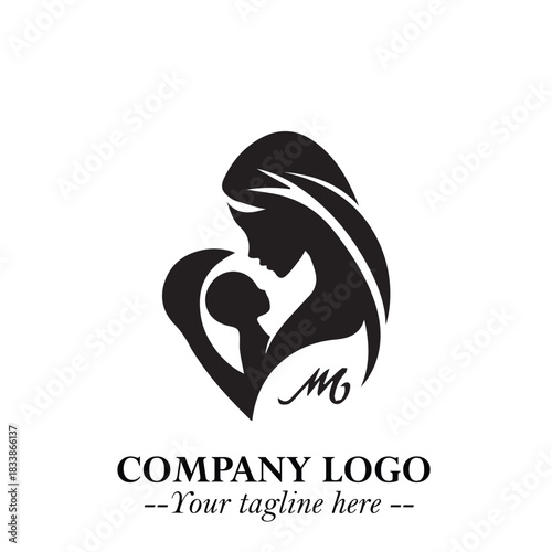 Mom and Baby Logo Symbol in Black on White Background for Gentle Minimalist Branding Design Art