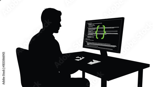Silhouette of a programmer coding at a computer working on software development illustration isolated on white background