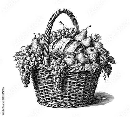 Fruit basket with grapes pears figs and flowers