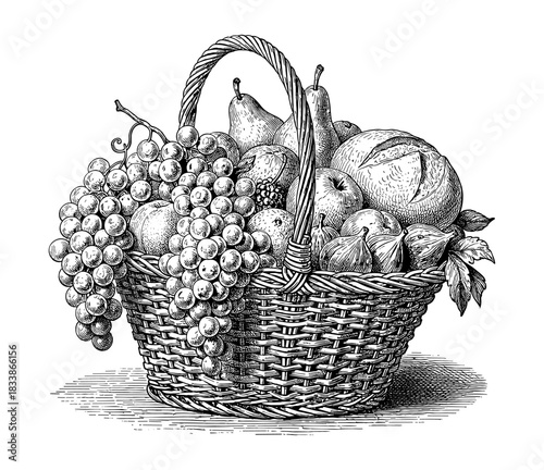 Fruit basket with handle, grapes, apples, pears and figs