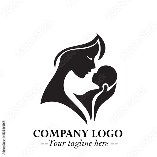 Mom and Baby Logo Symbol in Black on White Background for Gentle Minimalist Branding Design Art