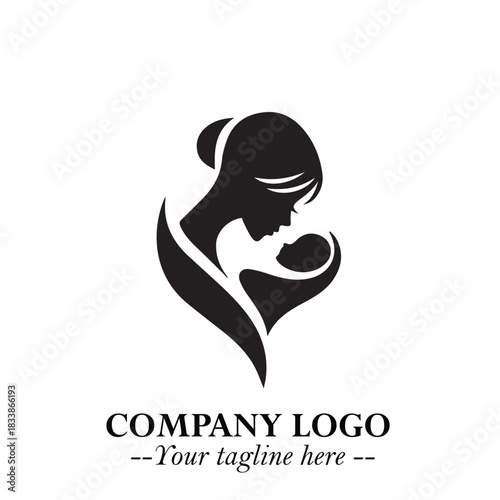 Mom and Baby Logo Symbol in Black on White Background for Gentle Minimalist Branding Design Art