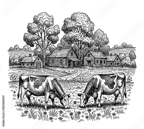 Rural farm landscape with grazing cows and houses