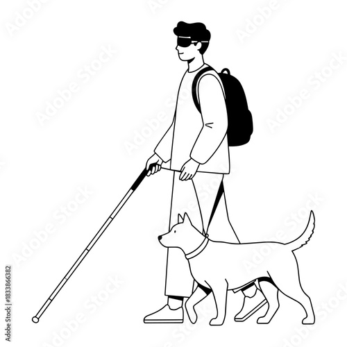 Blind man walking with guide dog and backpack