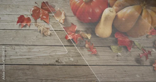 Fototapeta samoprzylepna Showing 3 pumpkins and butternut resting on wood planks with leaves cones faint glare, copy space