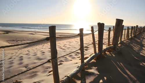Wooden fence on the beach with the sun shining behind it creating a bright coastal scene with soft sand, natural textures and warm light forming a serene seaside atmosphere