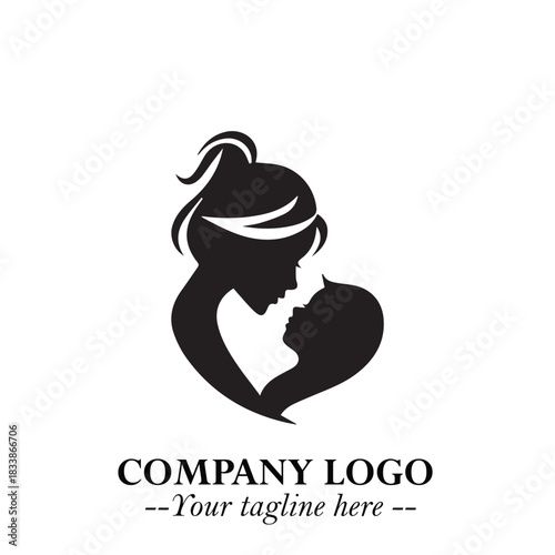 Mom and Baby Logo Symbol in Black on White Background for Gentle Minimalist Branding Design Art