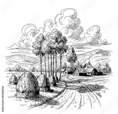 Rural village scene with hay bales and tall trees