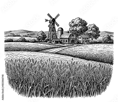 Rural farm landscape with windmill and wheat field