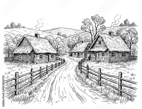 Classic village landscape with smoke from chimneys