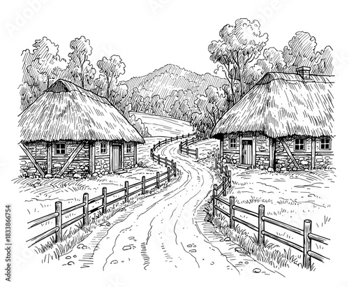 Vintage village scene with thatched roof houses
