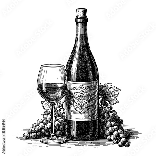 Vintage wine bottle with label, glass and grapes