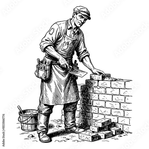 Vintage illustration of bricklayer at work
